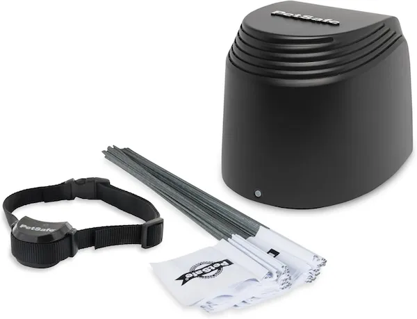 PetSafe Stay and Play Wireless Fence system components including transmitter and collar