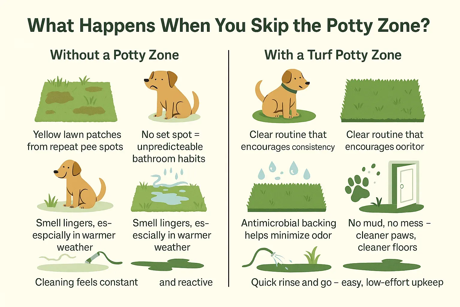 Before-and-after comparison showing a standard lawn with pet damage versus a clean, dedicated turf potty zone