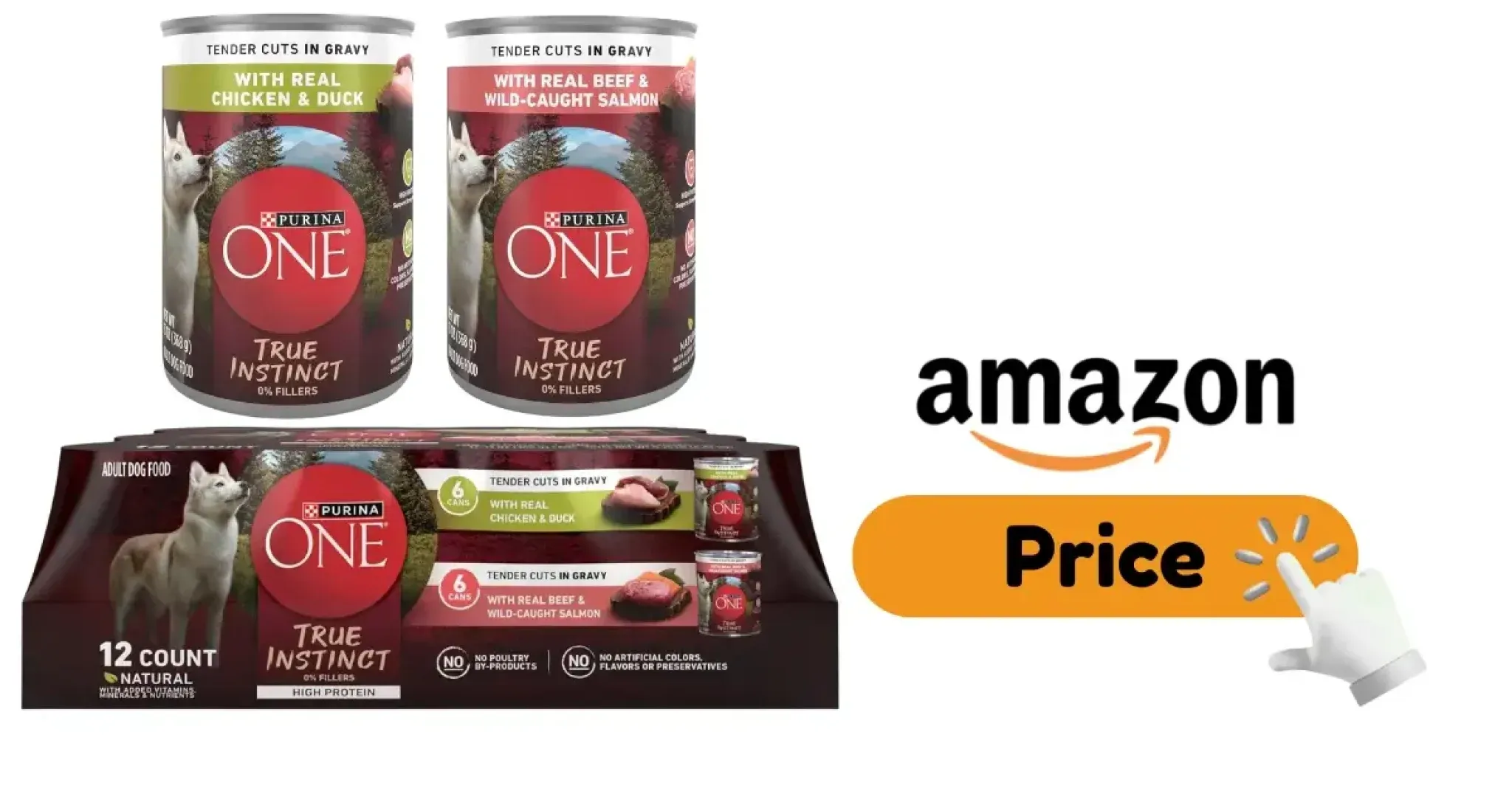 Purina ONE True Instinct dog food bag and kibble with visible meaty pieces