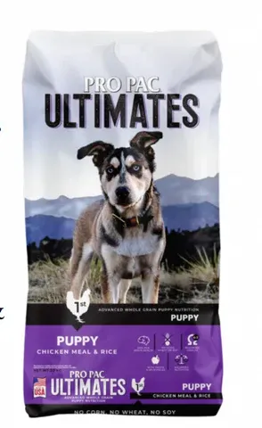 Grain-free Pro Pac Ultimates dog food with fresh vegetables and premium protein ingredients