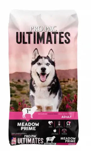 Pet owner reviewing Pro Pac Ultimates dog food options distributed by Atlantic Marketing