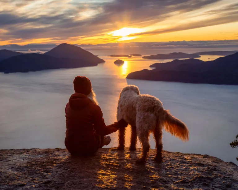 Woman and dog overlooking a lake with islands.