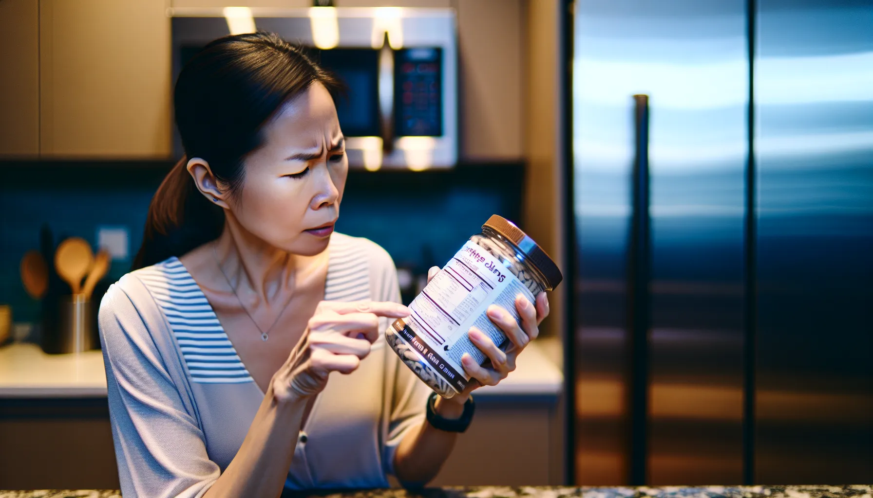 Woman reading the label of dog calming chews carefully