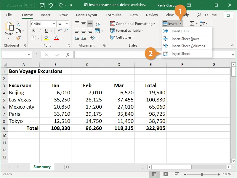 The Insert button menu in the Excel Ribbon showing the Insert Sheet option
