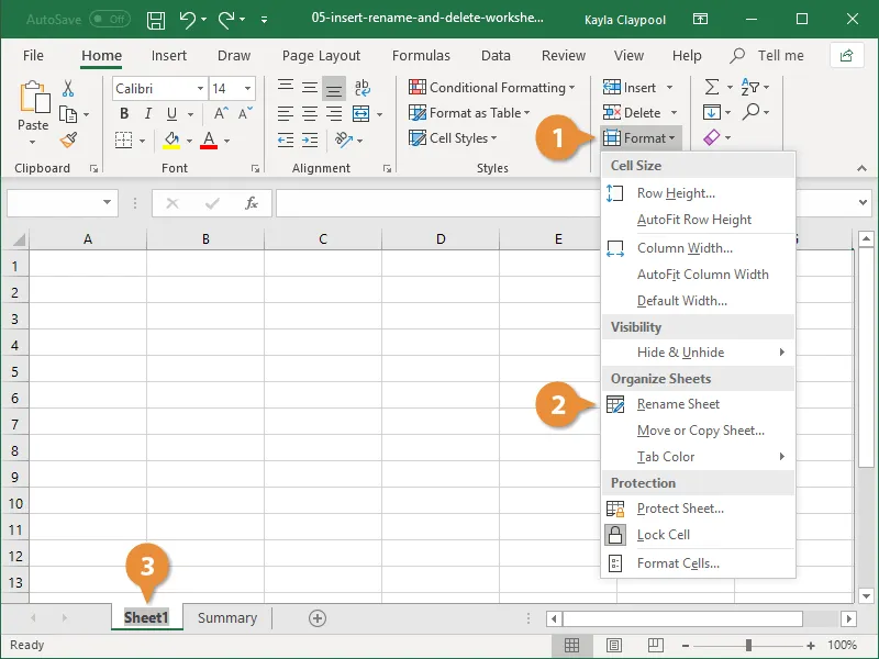 The process of highlighting a worksheet tab to enter a new descriptive name