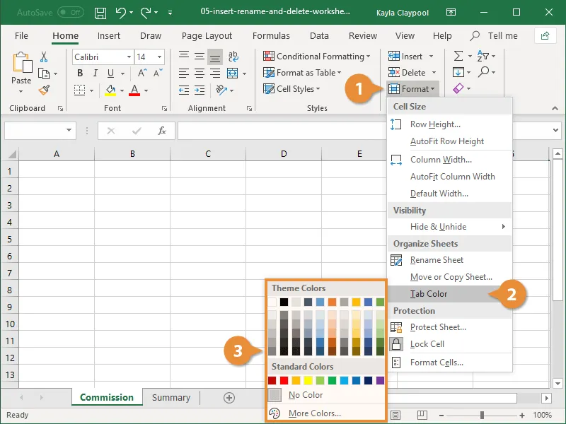 The Tab Color palette window showing various color options for sheet tabs