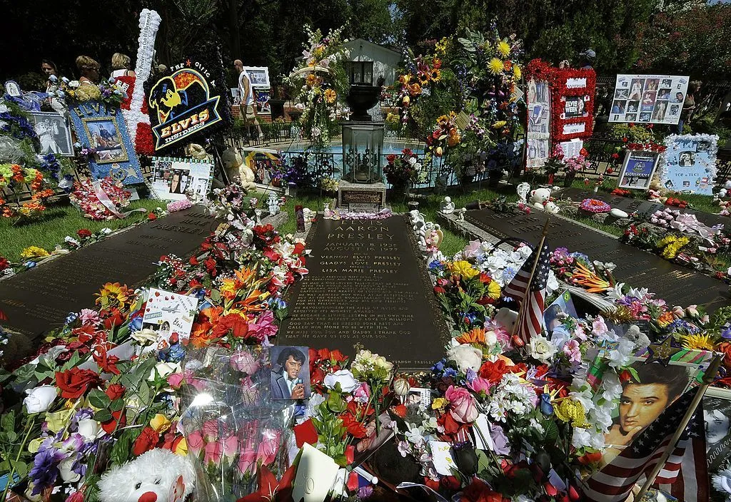 Flowers placed at Elvis Presley’s grave in the Meditation Garden