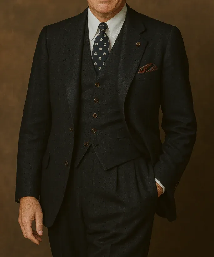 Frank Sinatra in dark flannel three-piece suit