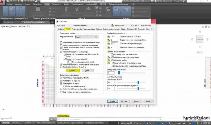 Typing the OP command inside AutoCAD command line to access display settings