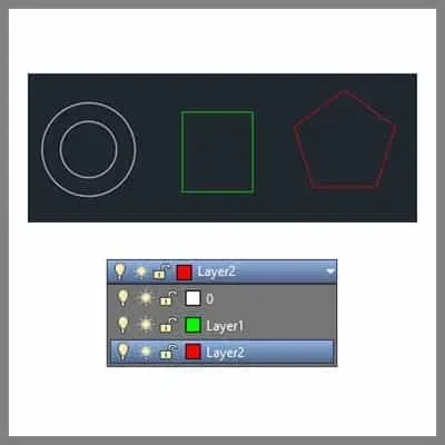 Three geometric shapes on separate red, green, and blue layers in an AutoCAD drawing before LAYMRG merge