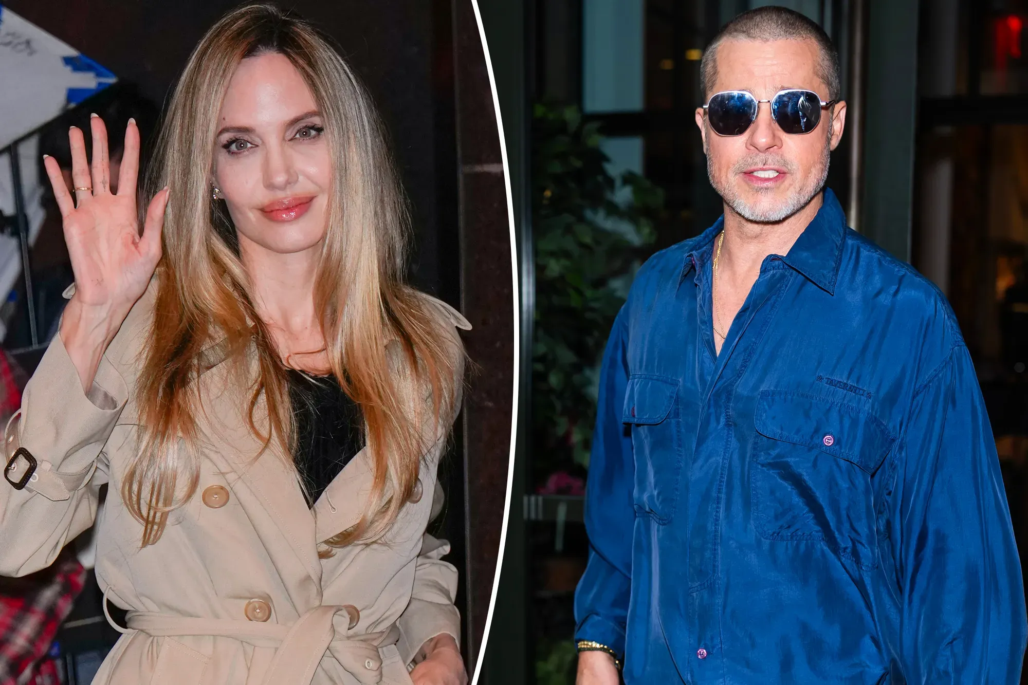 A split image of Angelina Jolie and Brad Pitt.