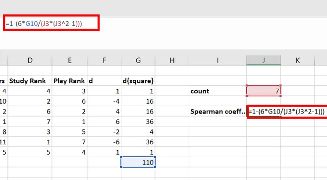 Applying the Spearman rank correlation formula in Excel