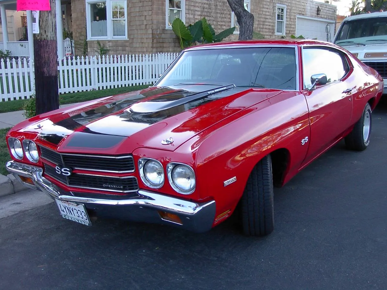 Classic front angle view of a restored Chevrolet Chevelle SS454 showcasing its aggressive hood and SS badging