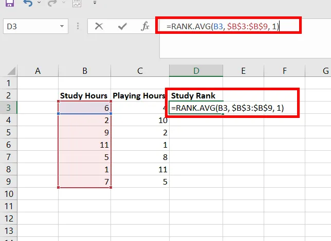 Applying the RANK.AVG formula to calculate study hour rankings