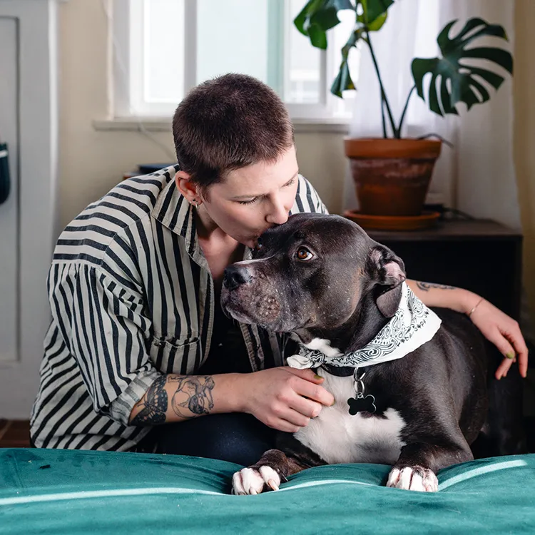 Woman comforting a black pit bull while monitoring digestive discomfort in dogs