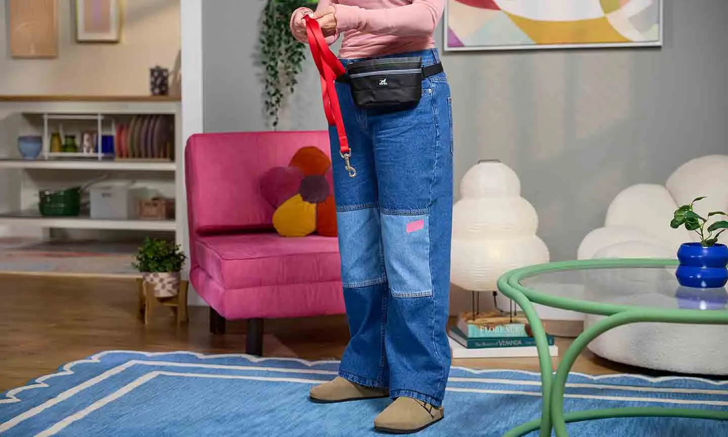 Owner rehearsing treat feeding technique with leash