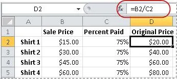 Percentage calculation table and Excel worksheet example