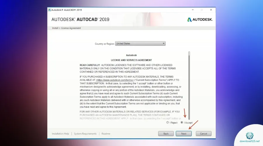 AutoCAD 2019 license agreement screen