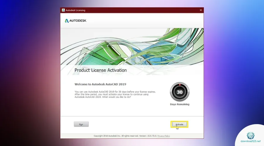 AutoCAD 2019 activation screen
