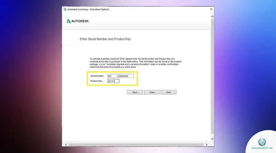AutoCAD 2019 serial and product key entry