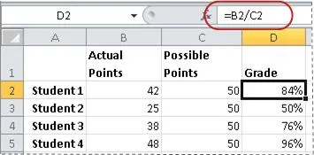 Excel formula interface used for percentage calculations and office productivity