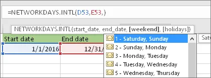 IntelliSense list for weekend parameters