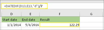 Example of DATEDIF function for weeks
