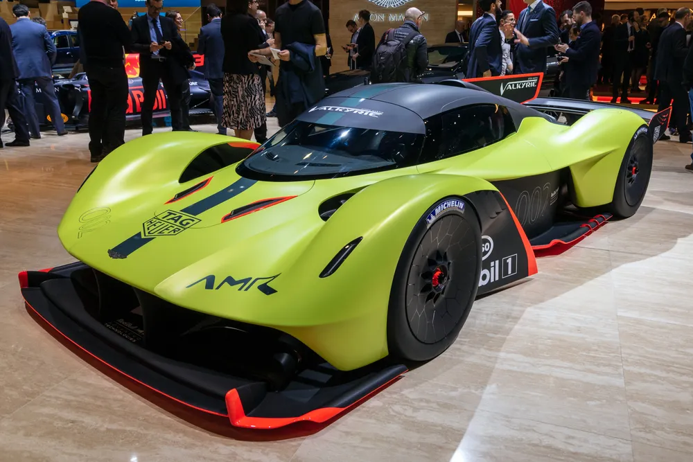 Aston Martin Valkyrie with its sleek, aerodynamic design and hybrid powertrain