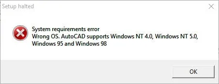 AutoCAD 2000 setup halted due to incompatible OS: "AutoCAD supports Windows NT 4.0, Windows NT 5.0, Windows 95, and Windows 98"