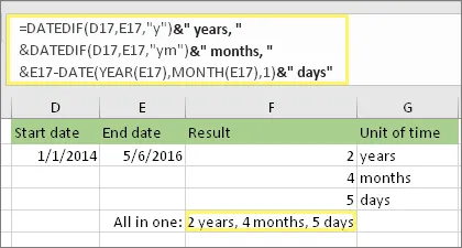 Example of combined DATEDIF formulas