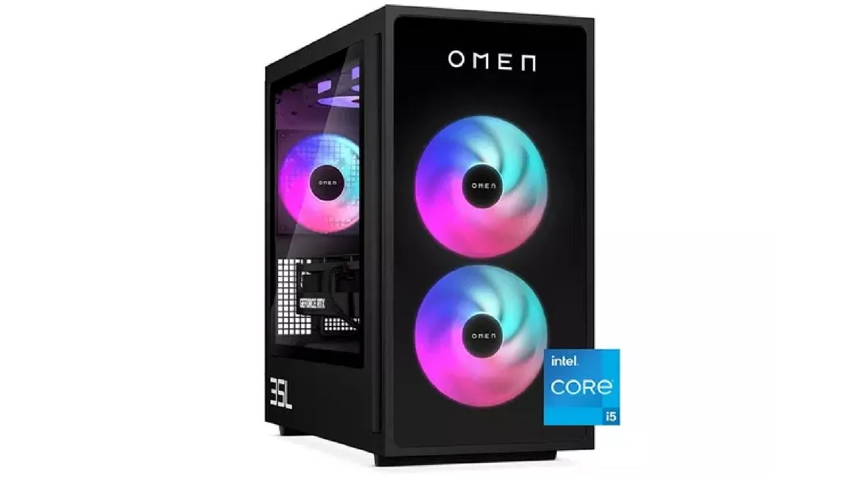 A sleek black HP Omen 35L (2026) gaming desktop with RGB lighting, designed for high-performance creative work