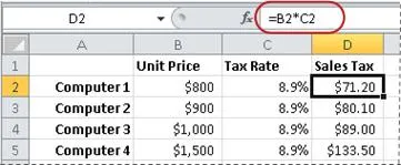 Spreadsheet showing percentage calculation examples in Microsoft Excel