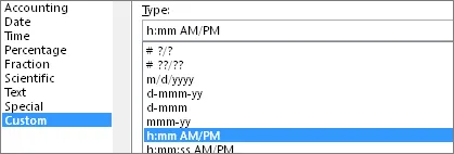 Format cells dialog for h:mm AM/PM