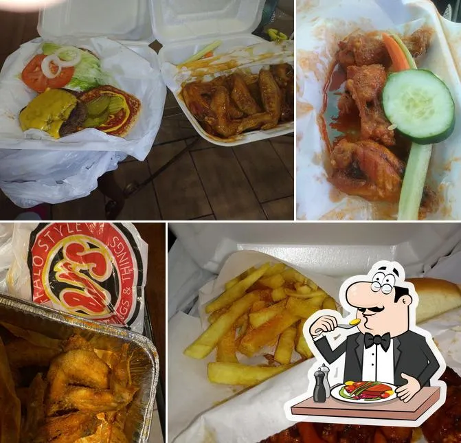 Freshly prepared food plated at B J's Buffalo Style Hot Wings restaurant