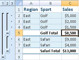 Grouped Excel sales data prepared for automatic subtotal calculations