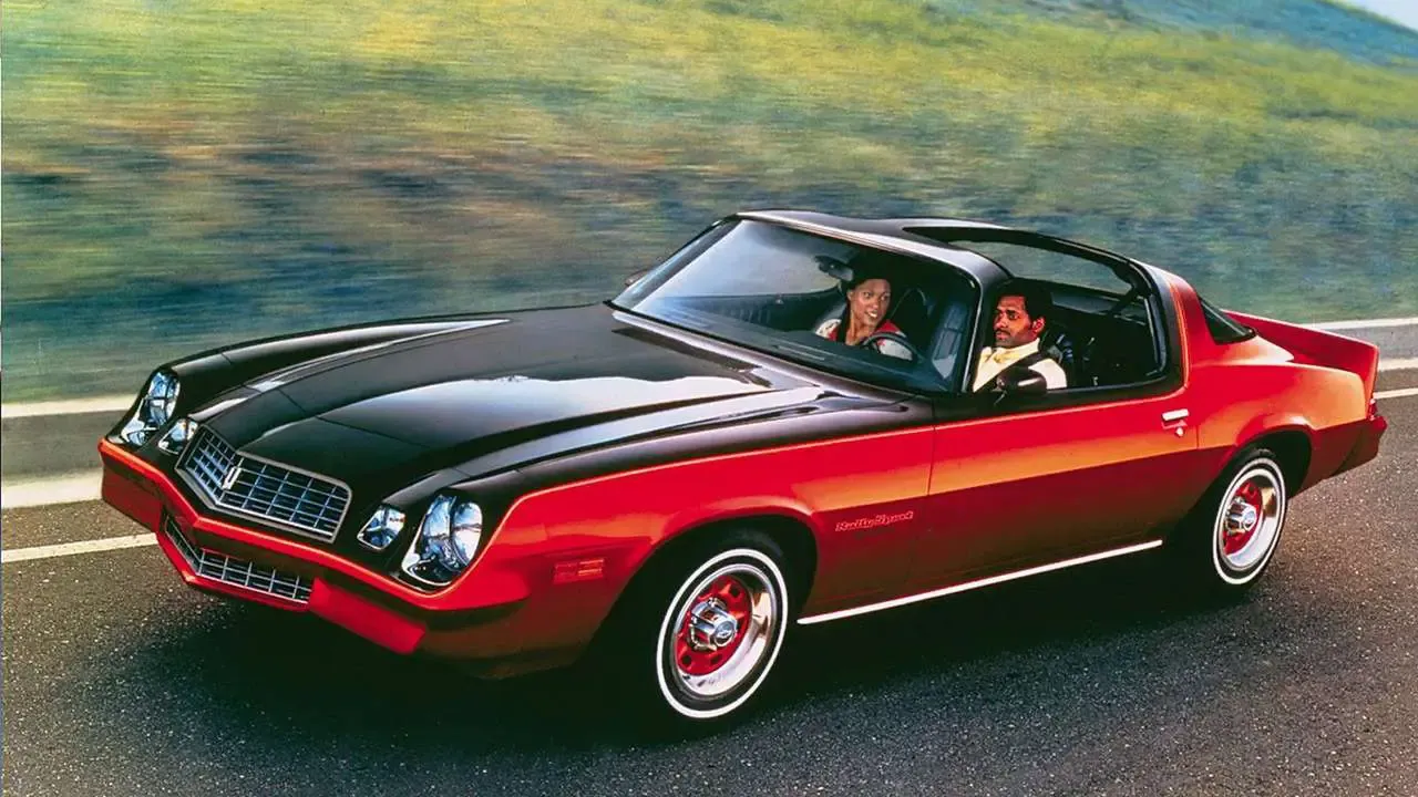 A 1975 Chevrolet Camaro with T-top roof panels, representing the most popular T-top car of its era