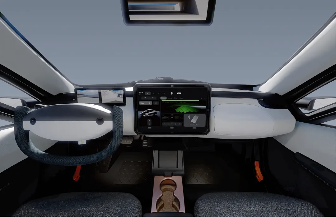 Aptera interior cabin with earth-tone materials and spacious seating