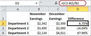 Microsoft Excel worksheet demonstrating percentage formulas and calculations