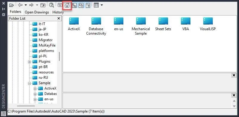 AutoCAD Design Center interface showing folder structure and block selection