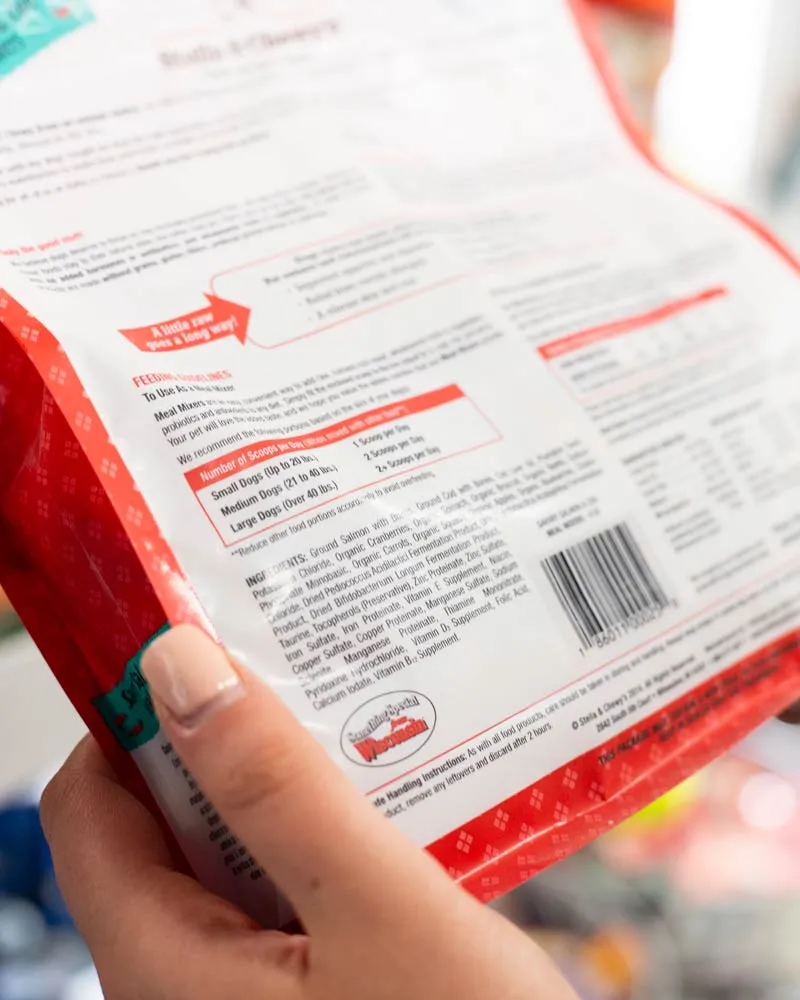 Detailed ingredients list printed on the back of a commercial dog food packet