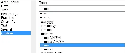 Format cells dialog for h:mm