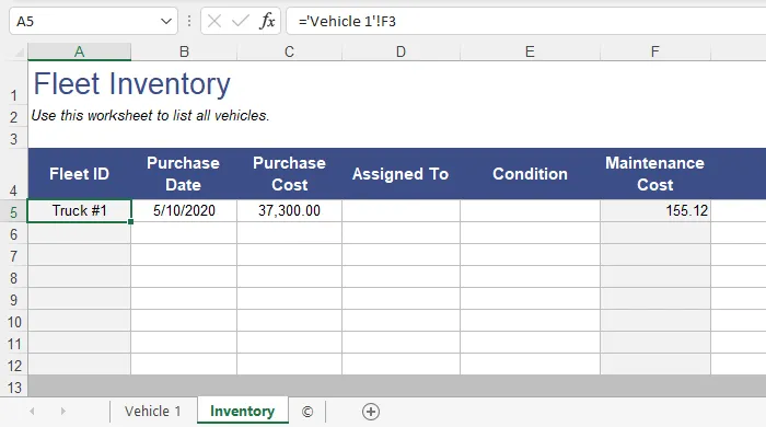 Fleet inventory worksheet showing multiple vehicle records and maintenance references