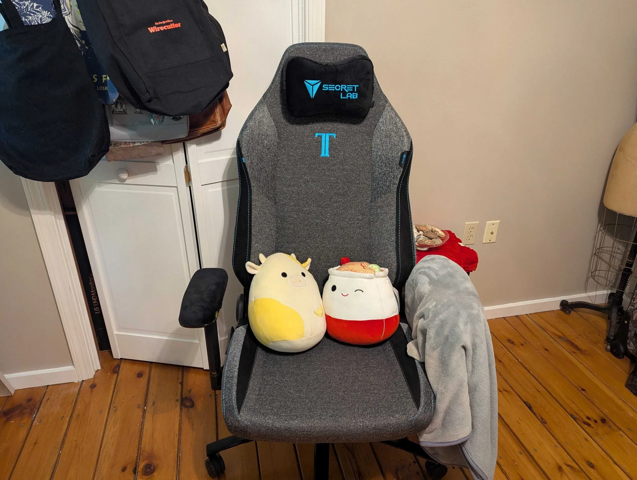 Blue and black Secretlab Titan Evo with plush toys, demonstrating real-world use