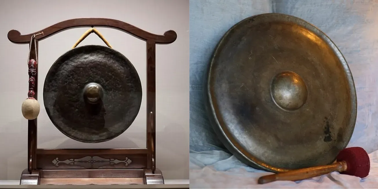Two gongs demonstrating differences in vibration support and damping conditions
