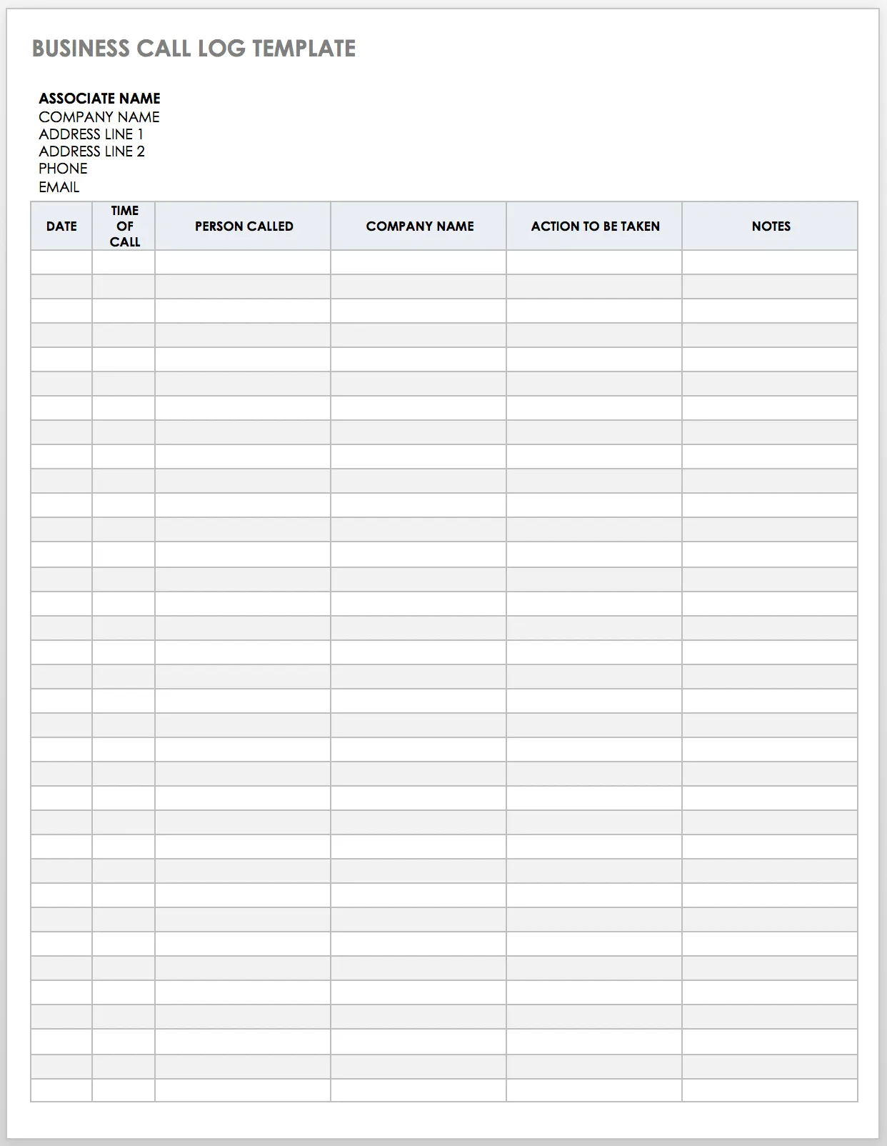 Business call log template with columns for company name, contact person, call date, and follow-up notes