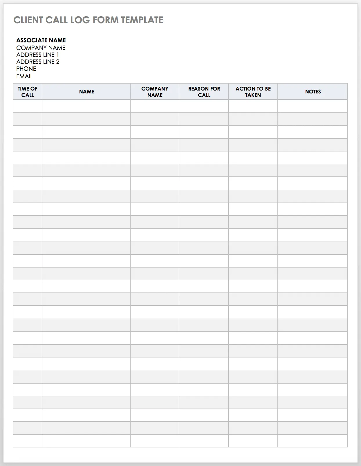 Client call log form template with organized columns for client name, call reason, and required action