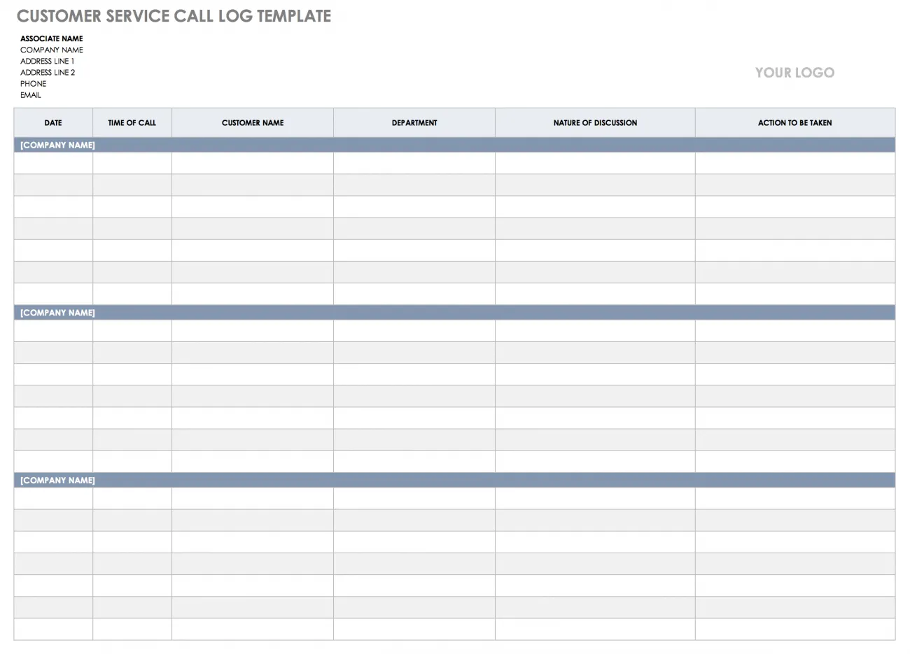 Customer service call log template with department and issue tracking columns for CSR use