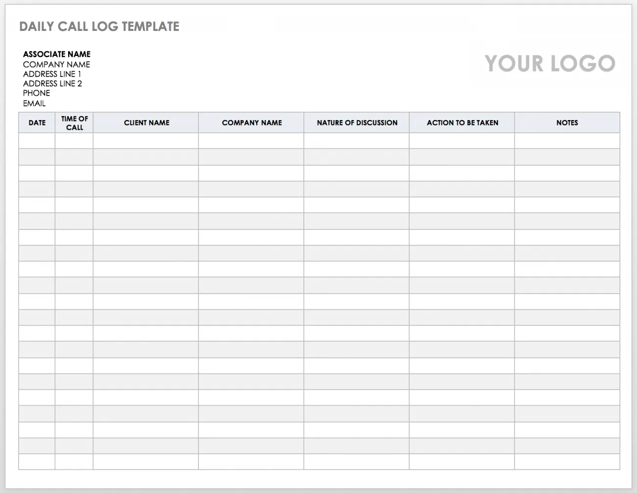 Daily call log template showing a full day of call entries with timestamps and next steps