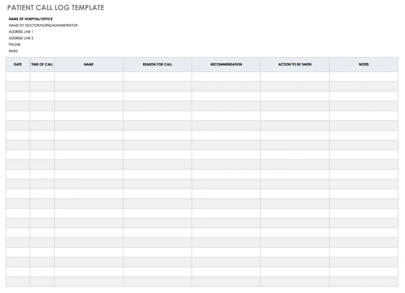 Patient call log template with fields for patient name, call reason, recommendation, and follow-up action