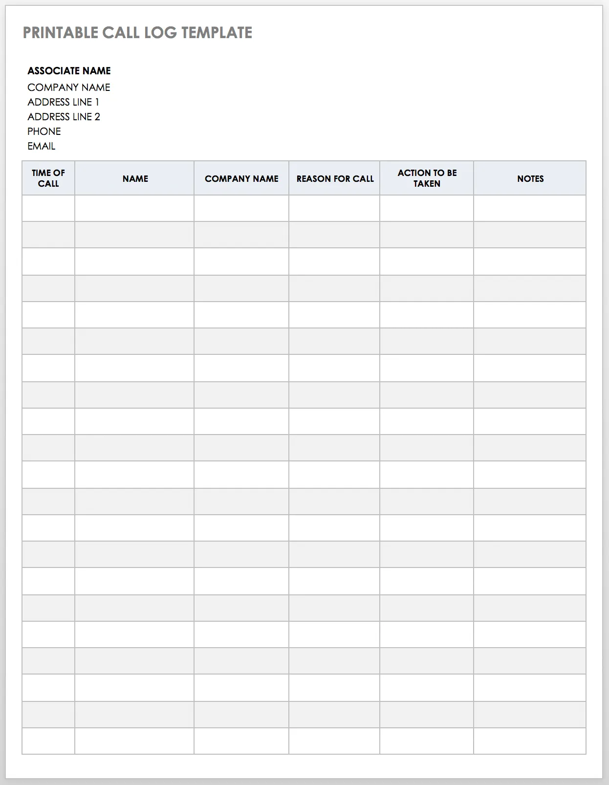 Printable call log template formatted for clean physical printing with fields for client and call details